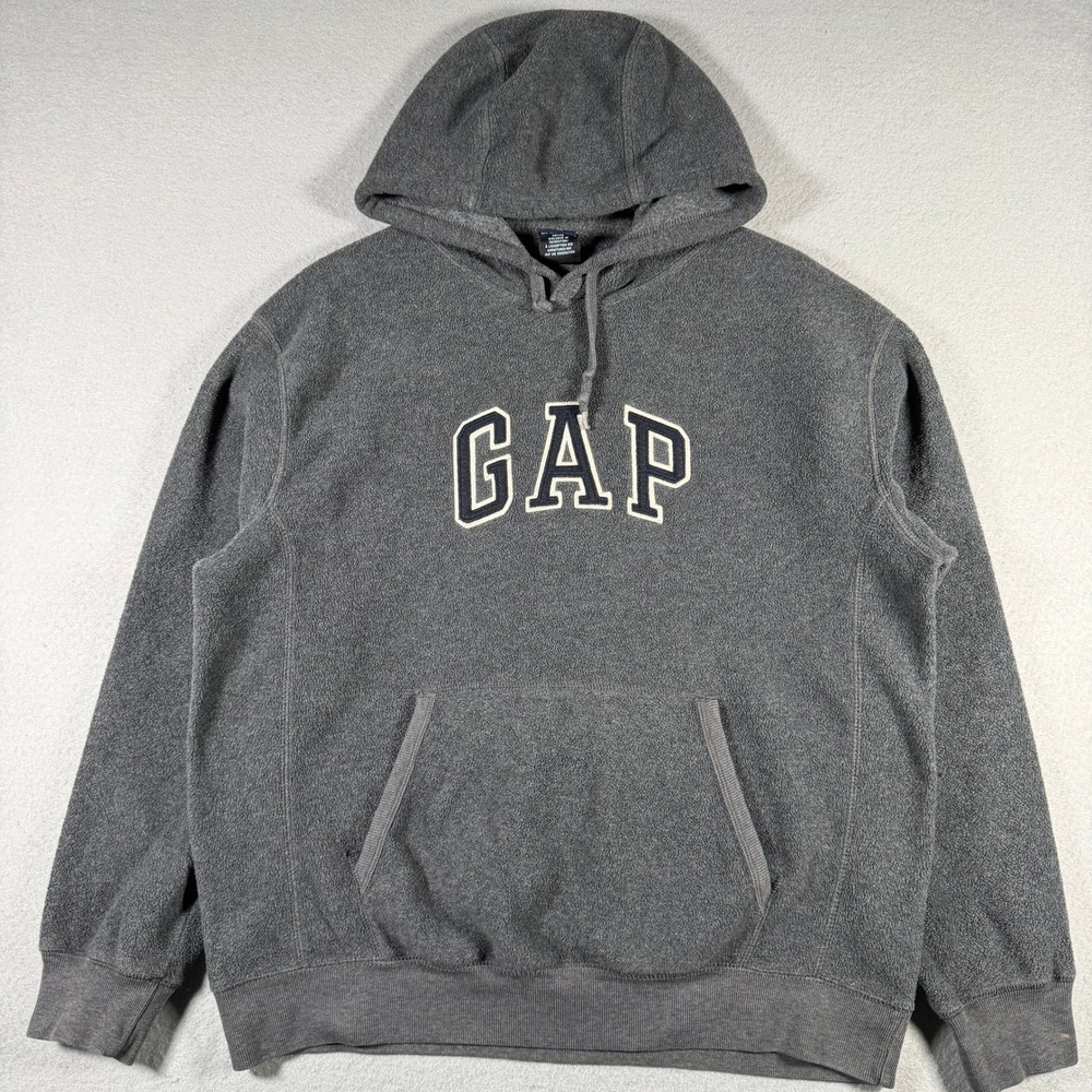 Vintage Gap Mens Fleece Hoodie Charcoal Grey Spellout Logo Pullover Small 14807
